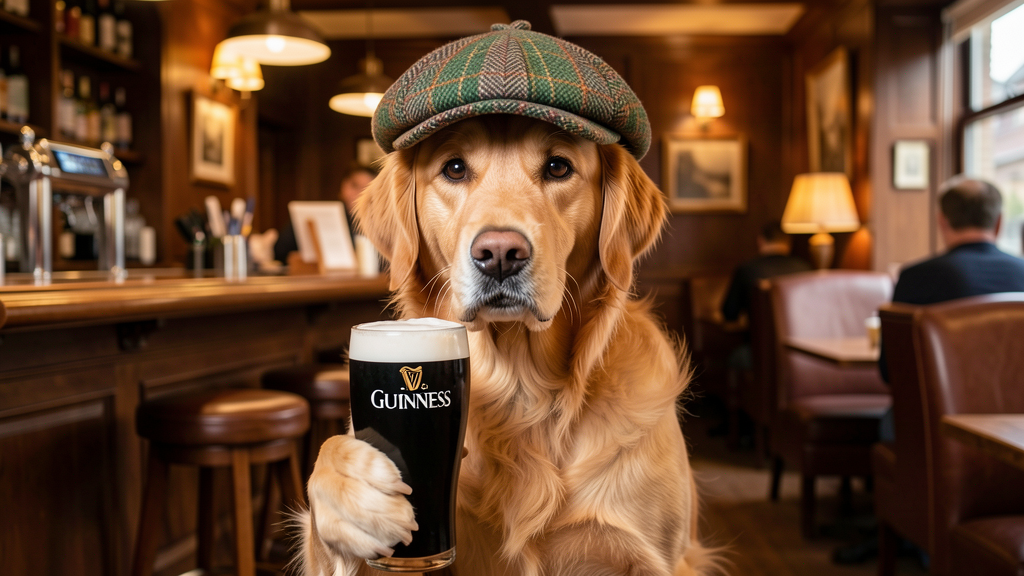 A dog in a tweed cap holding a pint