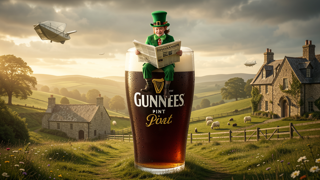 Leprechaun sitting on a giant pint of Guinness